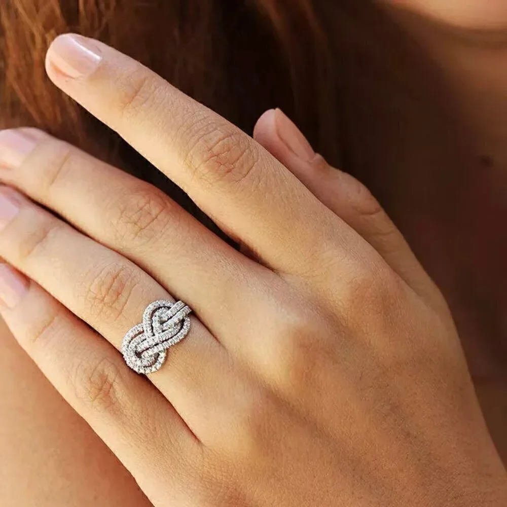 NEW 14K White Gold Plated Cubic Zirconia Pave Infinity Knot Ring Sz. 8